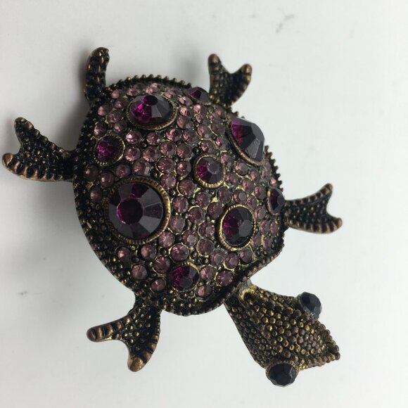 VTG Sea Turtle Ring Stretch Band Pink Purple Rhinestones Gold Tone Metal 2.5" - Picture 7 of 13